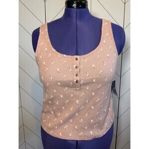 Lucky Brand Women’s Large Pink Purple Floral Sleeveless waffle Knot Retro Top